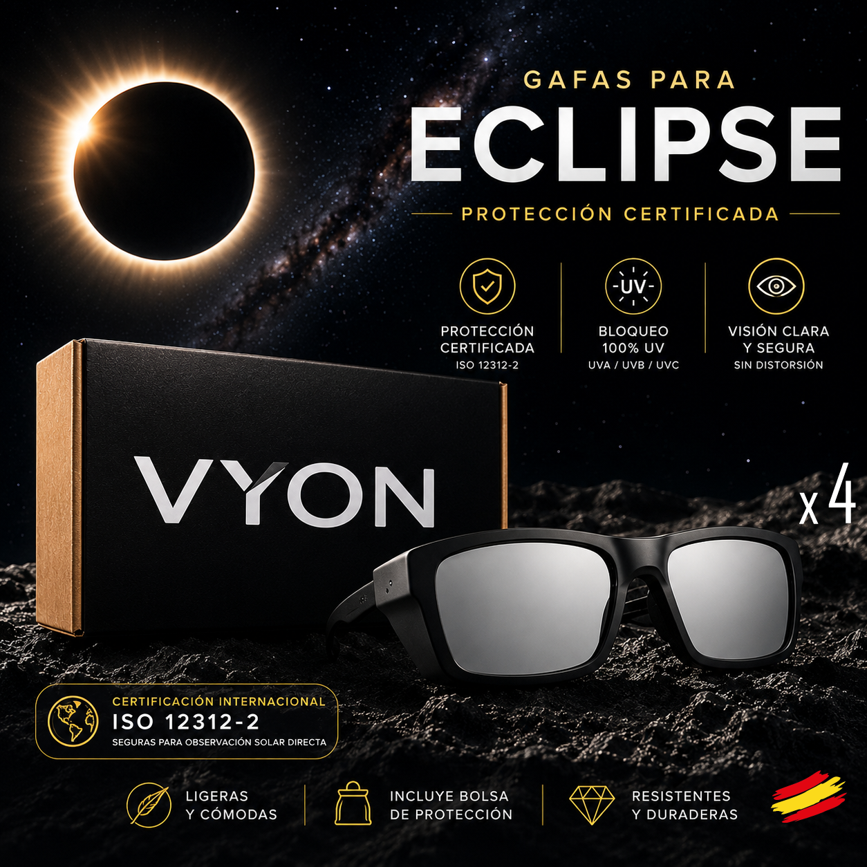 Pack 4 Gafas Eclipse 2026 | Protección Homologada | Edición Especial