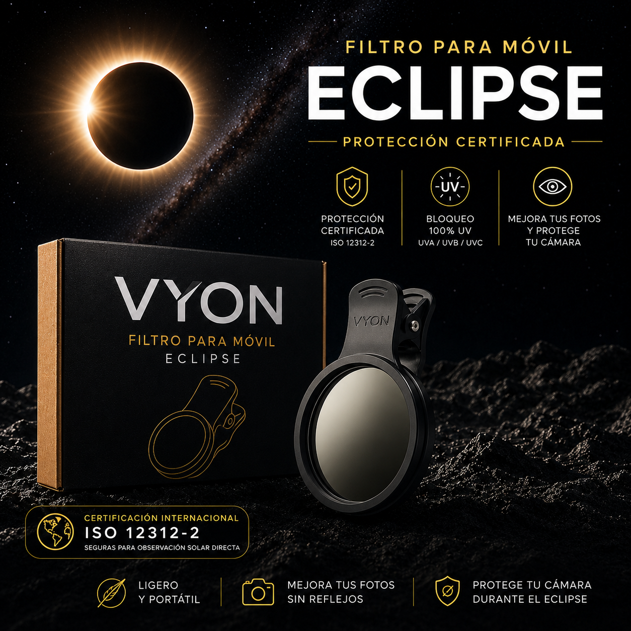 Pack Filtro Eclipse Solar para Móvil con Clip – Protección para Cámara