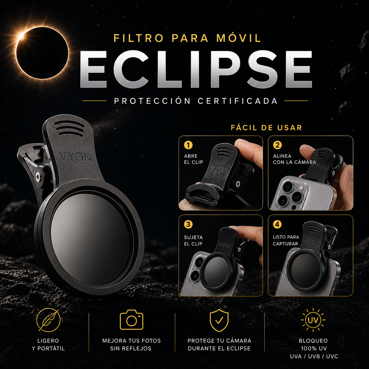 Pack Filtro Eclipse Solar para Móvil con Clip – Protección para Cámara