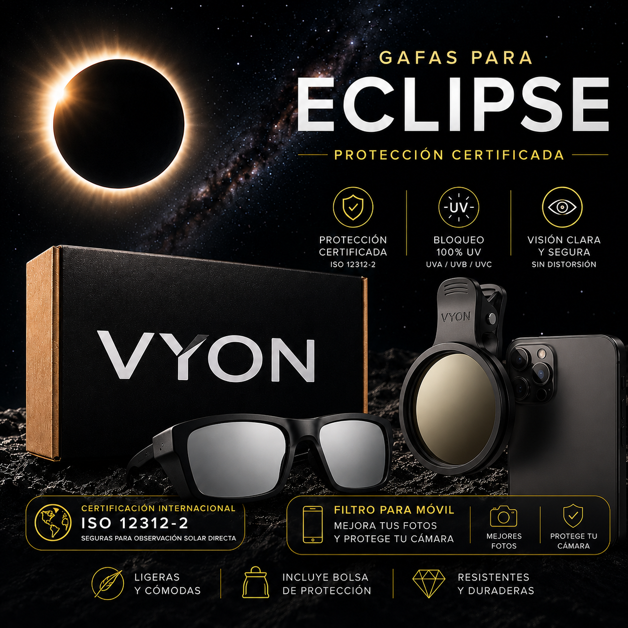 Pack Eclipse con gafas y filtro para teléfono 2026 | Protección Homologada | Edición Especial